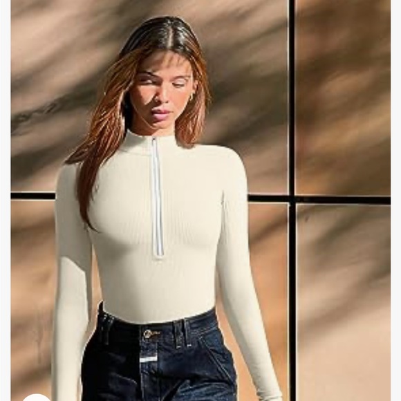 OQQ Women's Bodysuit Sexy Ribbed One Piece Zip Front Long Sleeve Tops Bodysuits - Picture 3 of 3